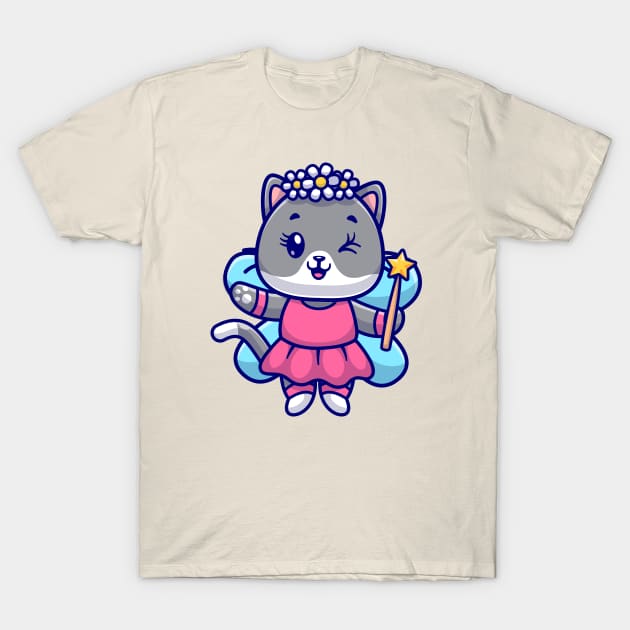 Cute Cat Fairy Holding Magic Wand Cartoon T-Shirt by Catalyst Labs